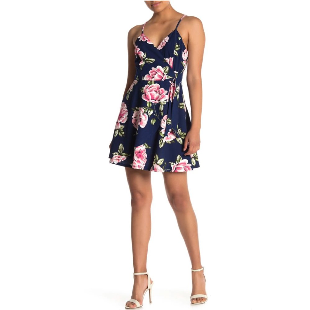 NEW ROW A Floral Print Faux Wrap Skater Dress L